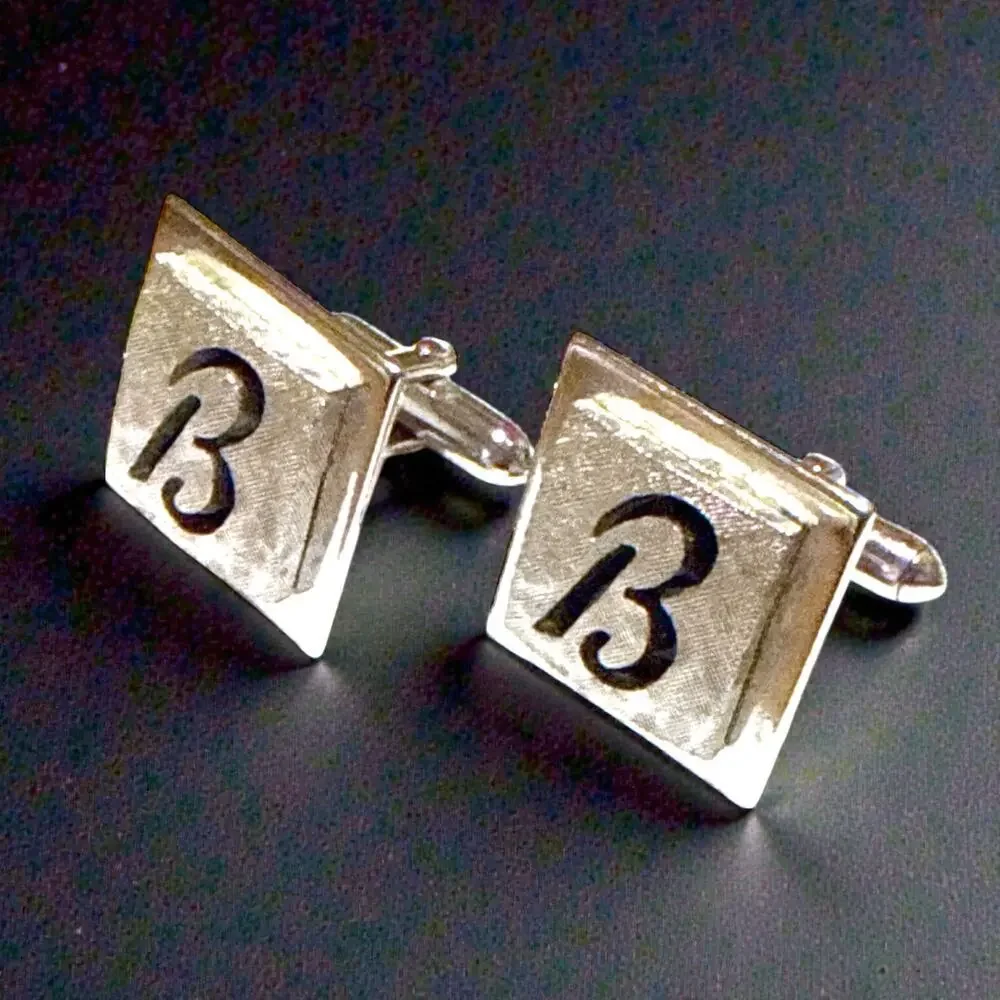 Vintage Swank Cufflinks Mens Silver Tone Monogrammed B Polished and Crosshatched